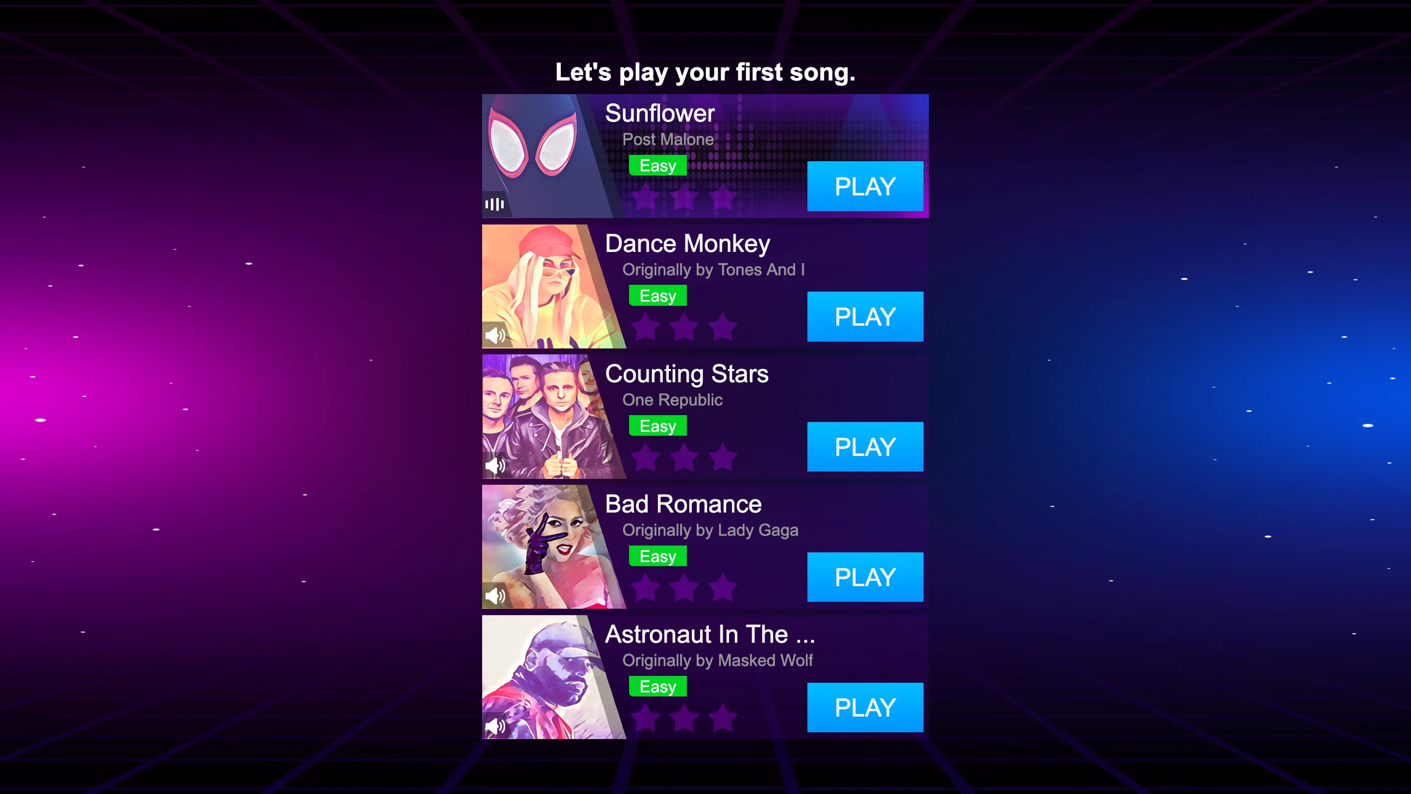 Magic Tiles 3 song selection screen showing easy tracks including Sunflower and Dance Monkey
