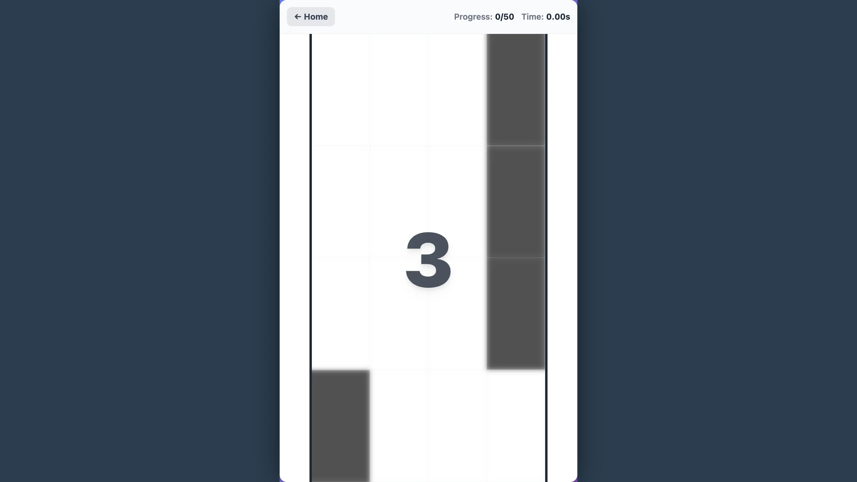 Classic Piano Tiles board at the start of a browser run with progress at zero of fifty