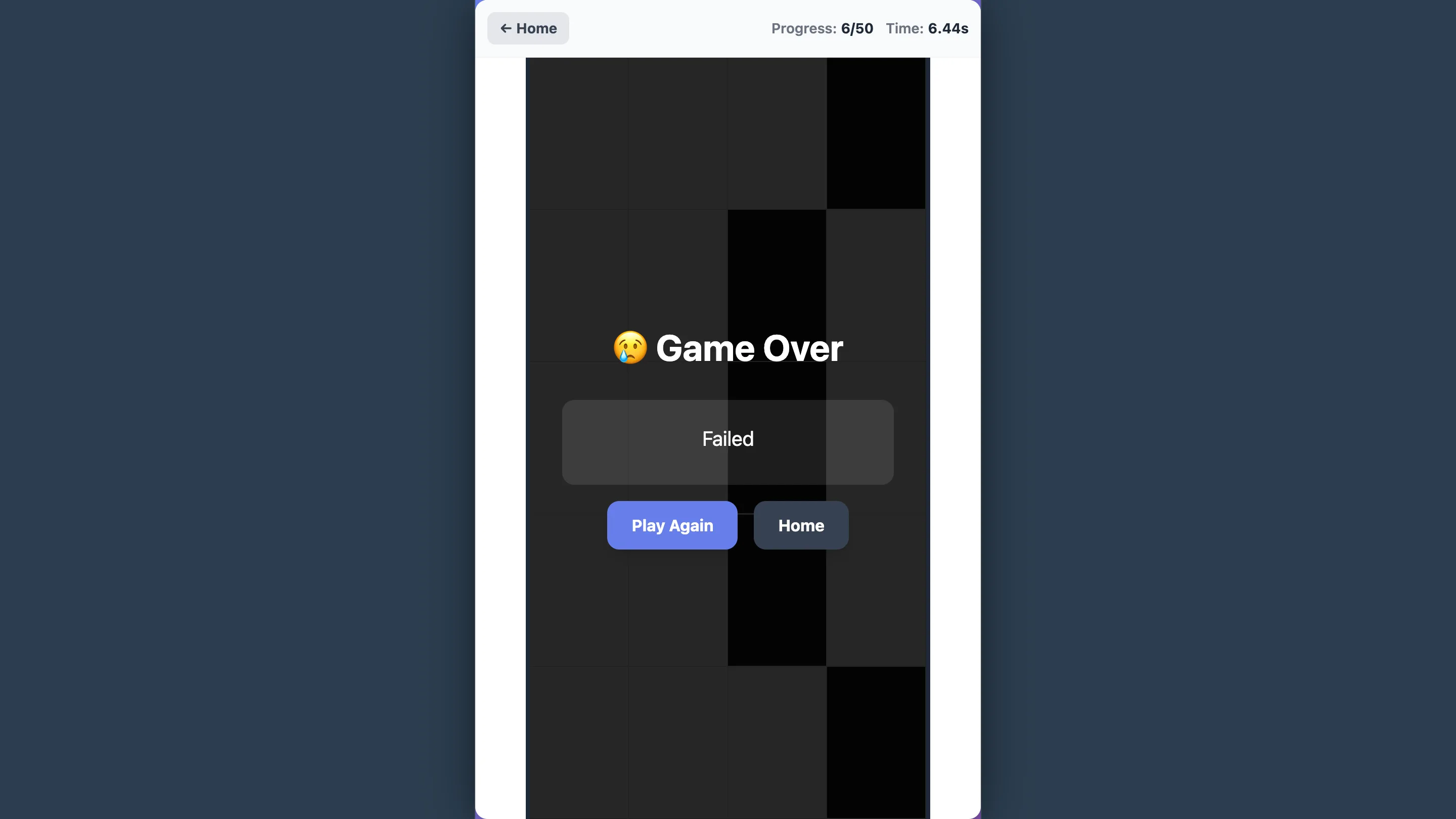Classic four-lane black tile game over screen after a short browser run