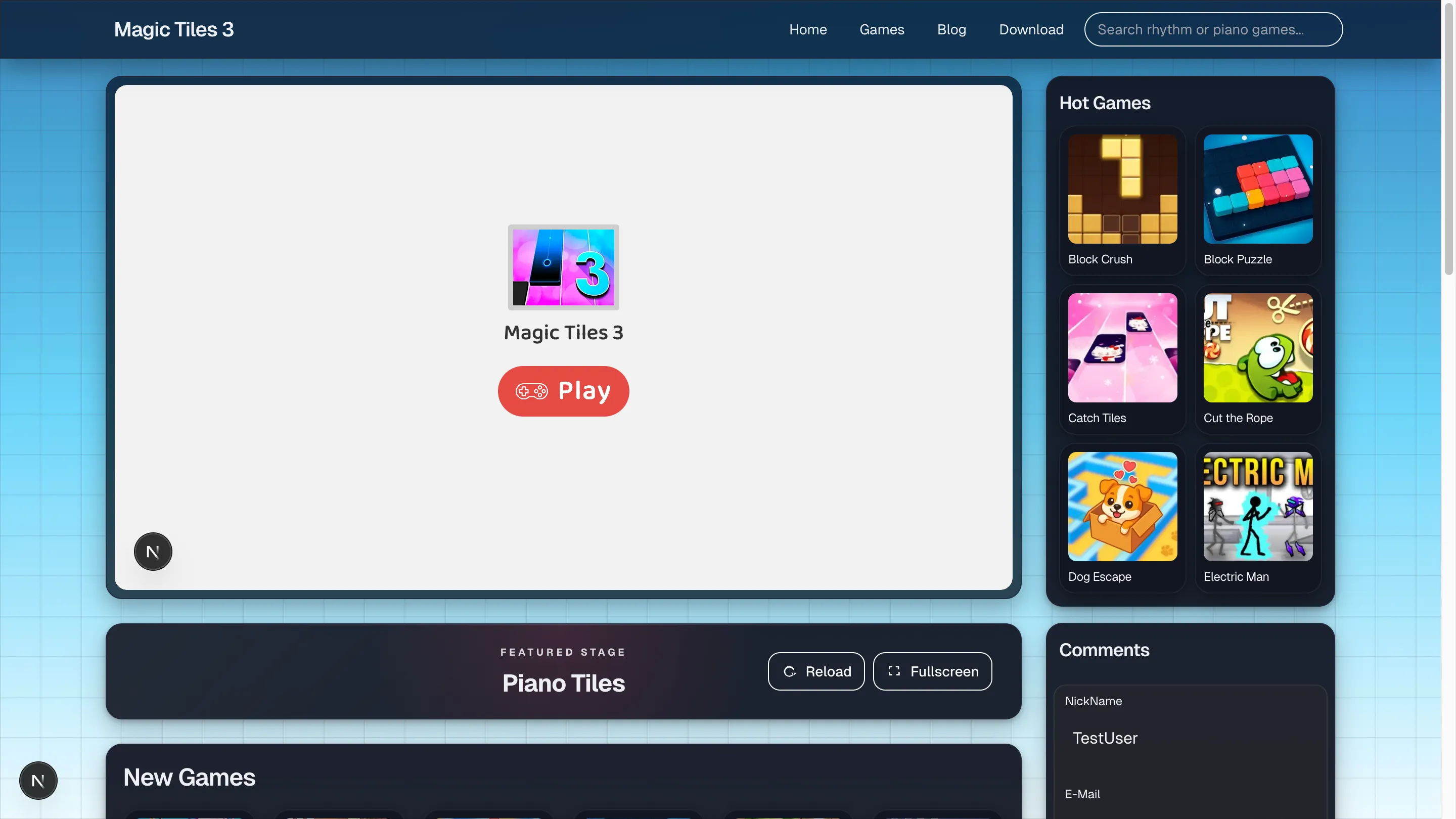 Site page labeled Piano Tiles with a third-party player area and action buttons below the frame